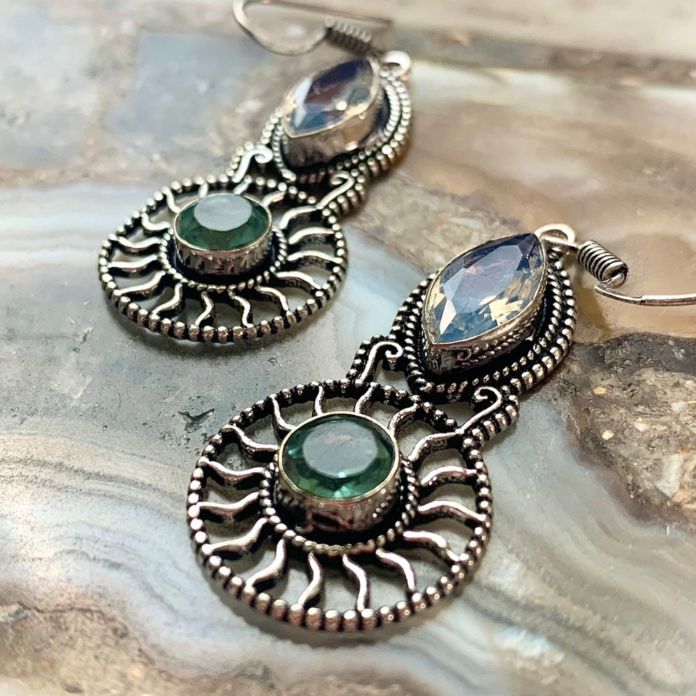 2350 Intricate Silver and Green Gemstone Earrings